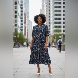 Max Studio, 2X Floral Tiered Midi Dress Navy Button Front Stretch Plus Size Boho